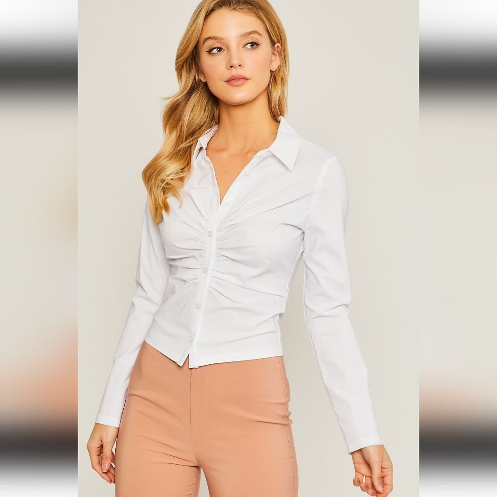 White woven Ruched Solid top